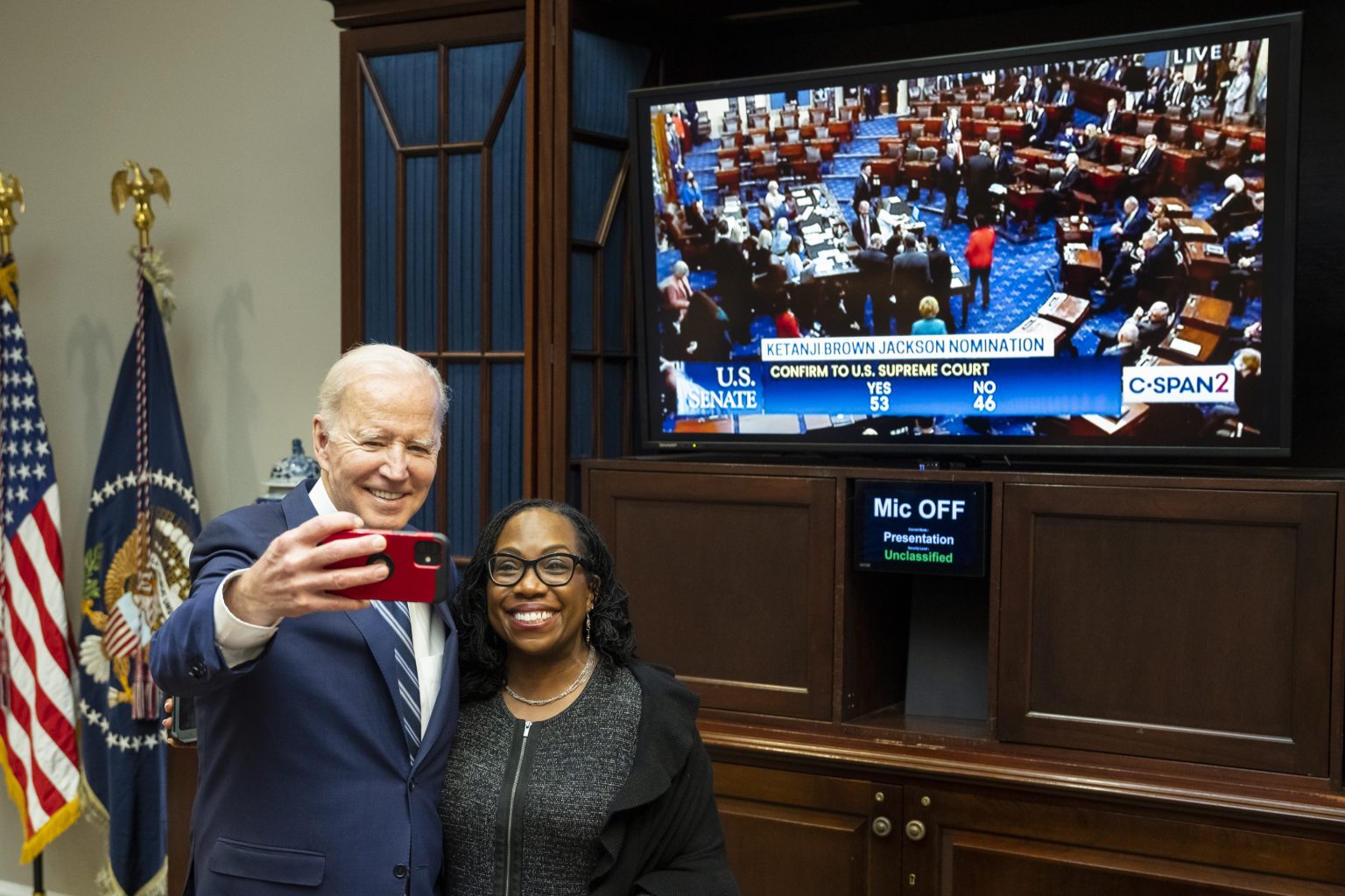 President Joe Biden and Associate Supreme Court Nominee Ketanji Brown Jackson take a selfie while they watch the U.S. Senate vote on her confirmation to the Supreme Court, Thursday, April 7, 2022, in the Roosevelt Room of the White House. (Official White House Photo by Adam Schultz)