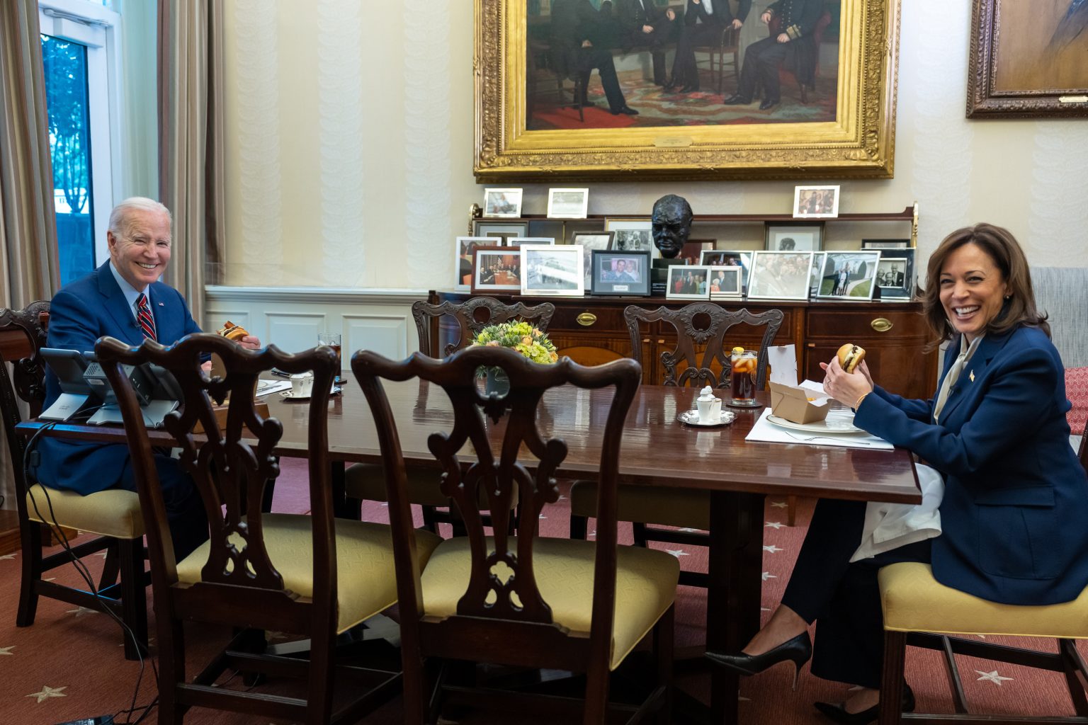 President Joe Biden places a carry-out order for his lunch with the Vice President at local restaurant “Ghost Burger” while recording a video about the importance of supporting small businesses, Tuesday, January 17, 2023, in the Oval Office Dining Room. (Official White House Photo by Adam Schultz)