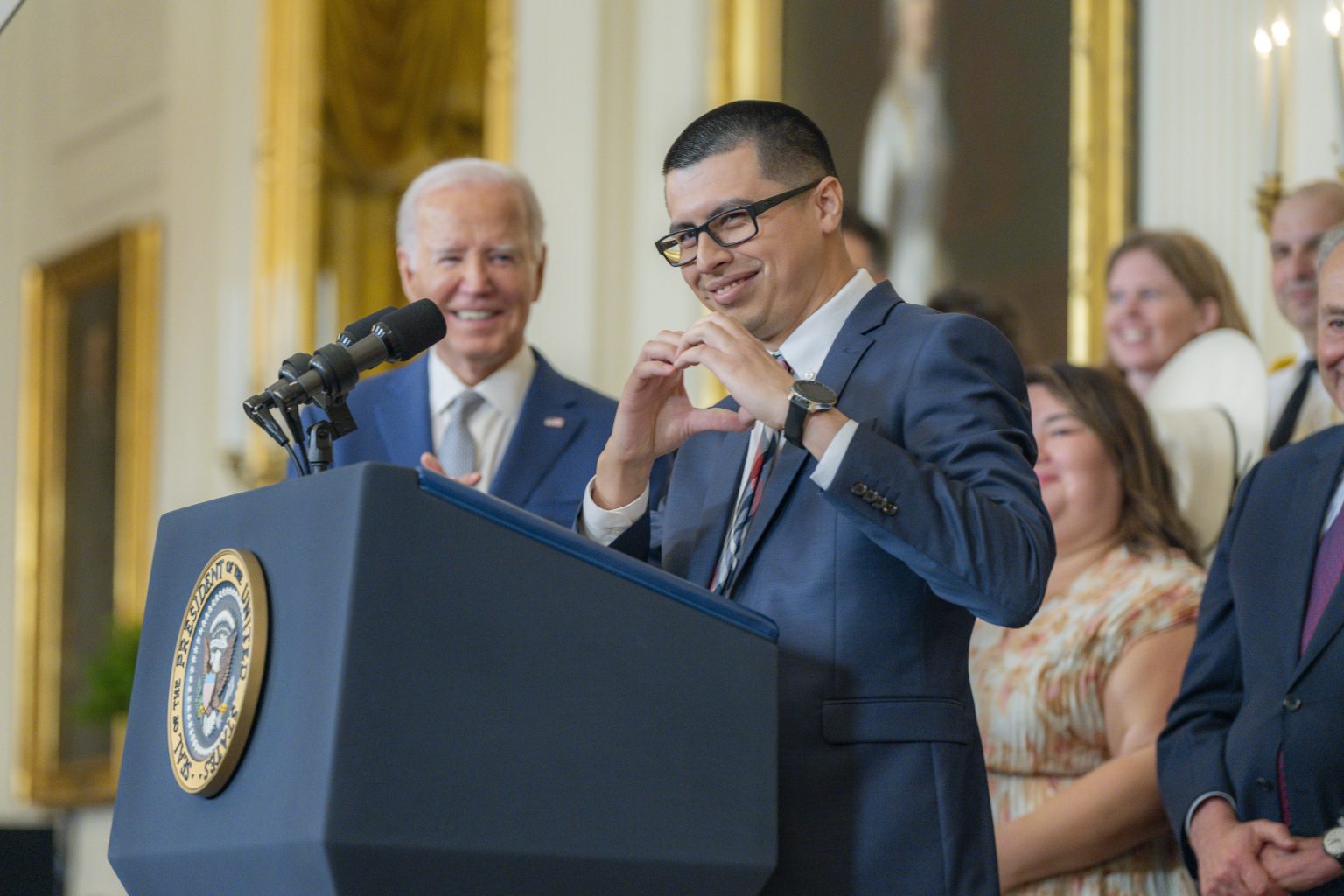 DACA recipient and healthcare worker Javier Quiroz Castro delivers remarks and introduces President Joe Biden at an event marking the 12th anniversary of Deferred Action for Childhood Arrivals (DACA), Tuesday, June 18, 2024, in the East Room of the White House.(Official White House Photo by Adam Schultz)