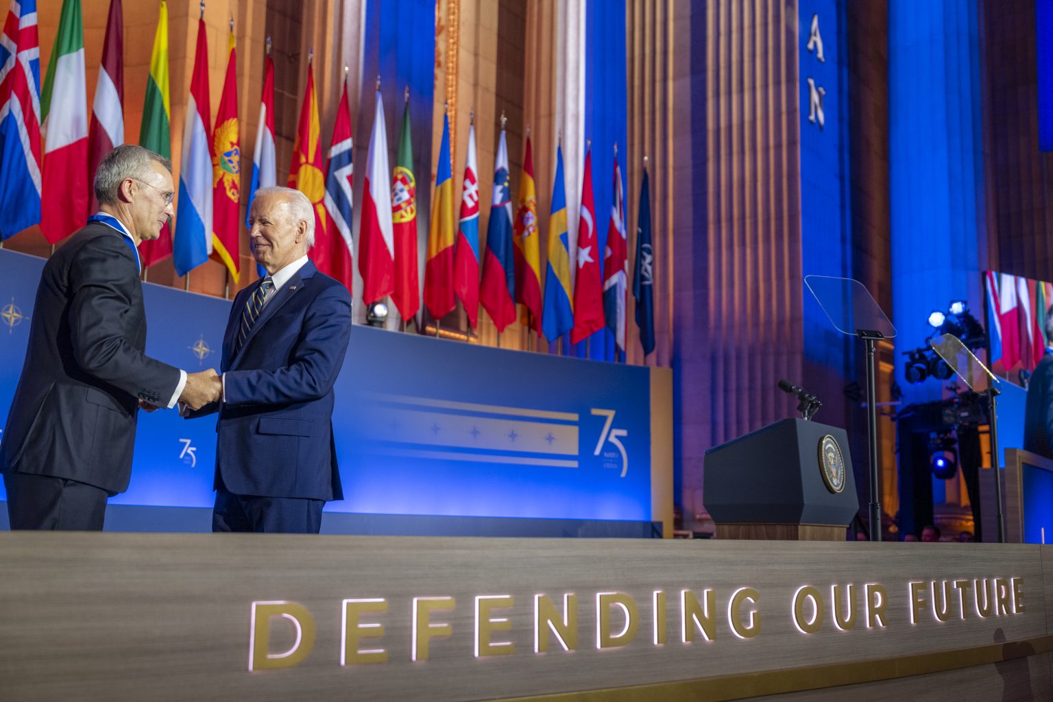 President Joe Biden presents the Medal of Freedom to NATO Secretary General Jens Stoltenberg during the celebration of the 75th anniversary of the NATO Alliance, Tuesday, July 9, 2024, at the Andrew W. Mellon Auditorium in Washington, D.C. (Official White House Photo by Adam Schultz)
