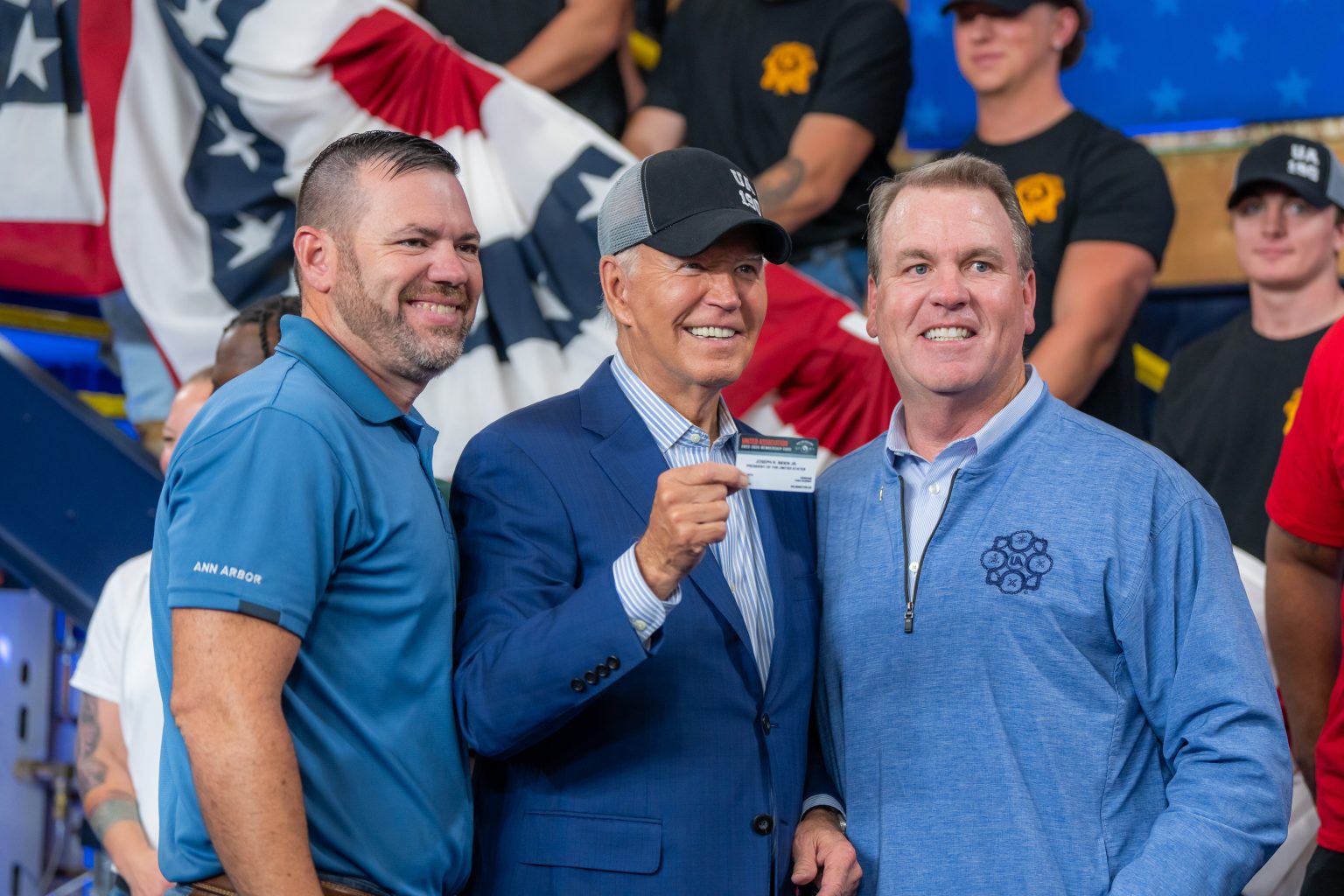 President Joe Biden, flanked by union members and labor leaders, signs an Executive Order to promote good jobs through his Investing in America agenda, Friday, September 6, 2024, at the UA Local 190 Training Center in Ann Arbor, Michigan. (Official White House Photo by Adam Schultz)