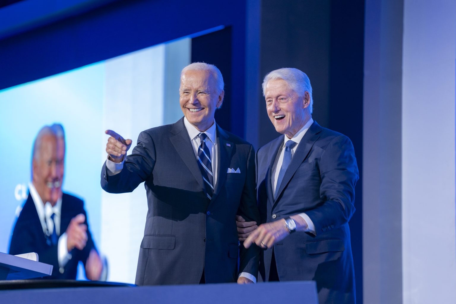 President Joe Biden, former President Bill Clinton and formerSecretary of State Hilary Clinton drop by First Lady Jill Biden’s moderated conversation with Chelsea Clinton and Morehouse School of Medicine President Dr. Valerie Montgomery Rice at the Clinton Global Initiative Annual Meeting, Monday, September 23, 2024, at the New York Hilton Midtown in New York City.Official White House Photo by Adam Schultz)