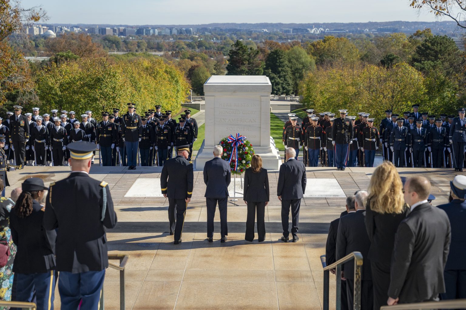 President Joe Biden and Vice President Kamala Harris participate in a wreath laying ceremony at the Tomb of the Unknown Soldier at Arlington National Cemetery on Veterans Day, Monday, November 11, 2024, in Arlington, Virginia. (Official White House Photo by Adam Schultz)